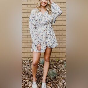 Free People Women's Flower Fields Mini Dress Light Combo Blue Cream Boho Small